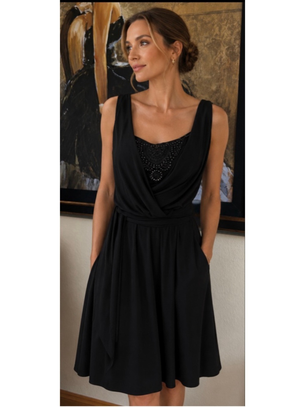 New LAUREN Ralph Lauren Black Beaded Sleeveless Wrap Dress Size 10